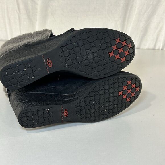 UGG Zea Women’s Black Leather Fold Over Shearling Wedge Lace-Up Boots Size 5 - Picture 5 of 8